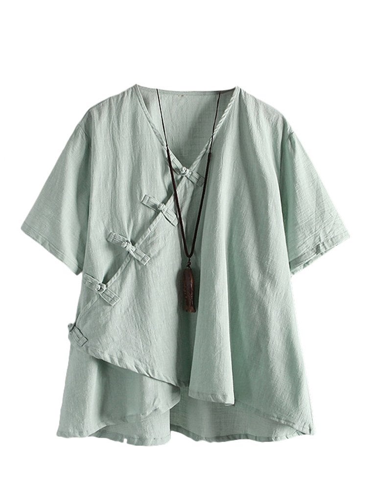 Minibee Women's Linen Retro Chinese Frog Button Tops Blouse Green XL - Image 1